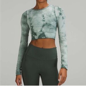 NEW Lululemon Ebb To Street Marble Dye Long Sleeve CropTop Tidewater Teal Sz 4